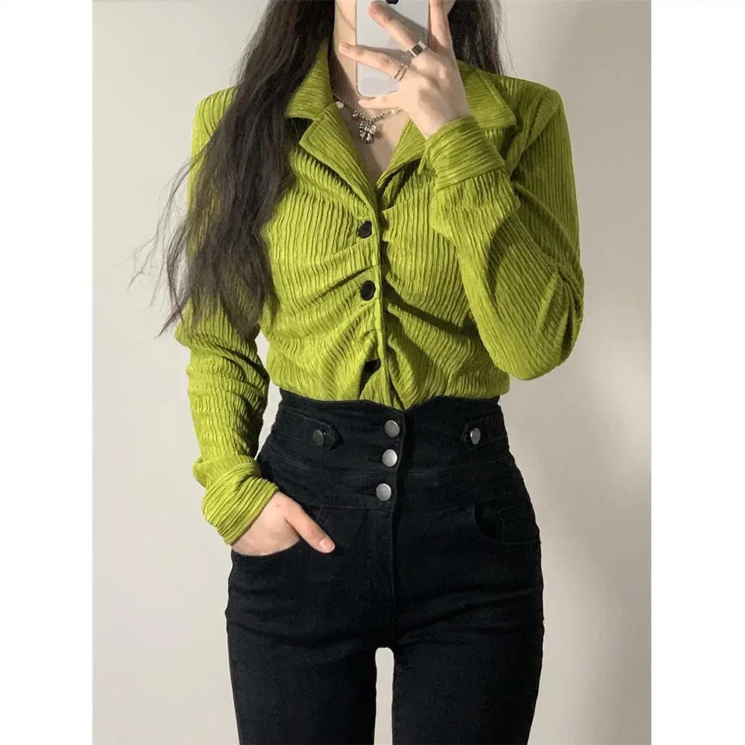 Green Shirt Slim Fit Retro Lazy Unique Design High-end and Sweet Chic Top