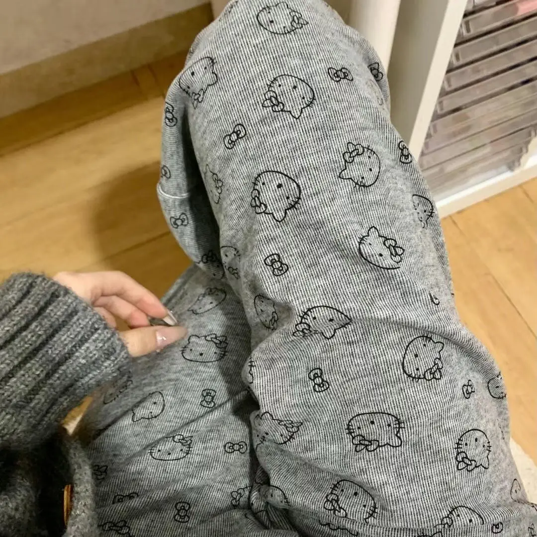 Sanrioed Hello Kittys Cute Print Loose Casual Wide Leg Pants Women Fashion Straight Tube Lazy Leisure Comfortable Lady Trousers