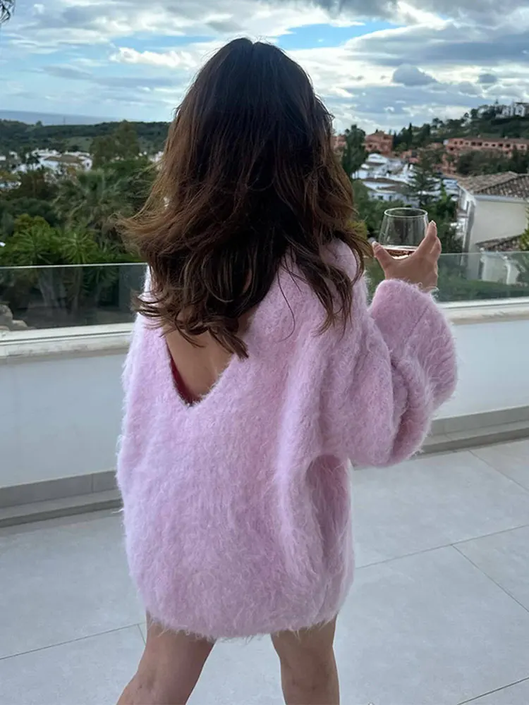 

Women Sexy Mohair Pink Backless Sweater Elegant O-neck Long Lantern Sleeves Loose Knitwear 2024 New Female High Street Pullover