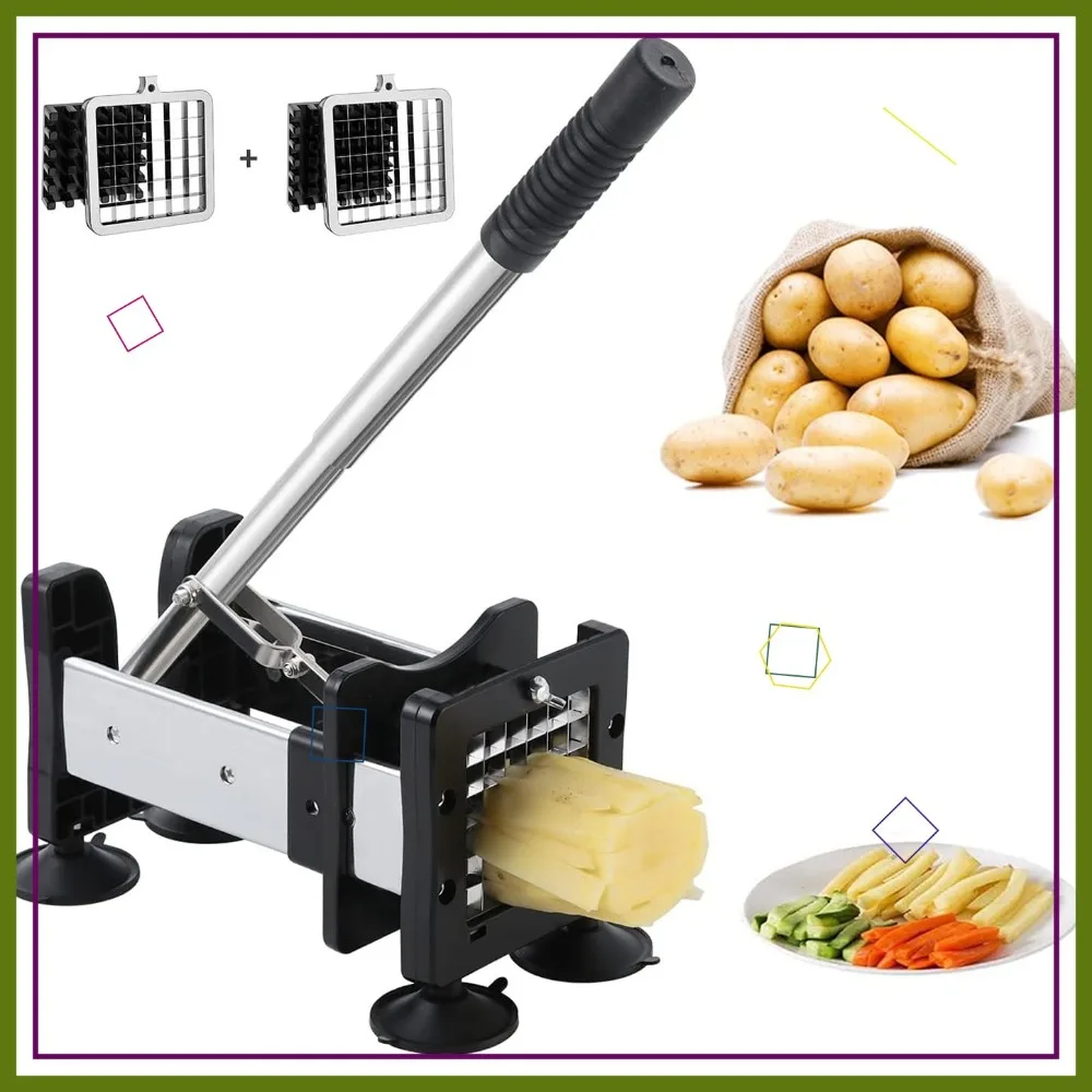 

Stainless Steel French Fry Cutter with 2 Blade Sizes for Potatoes, Vegetables, and Fruits