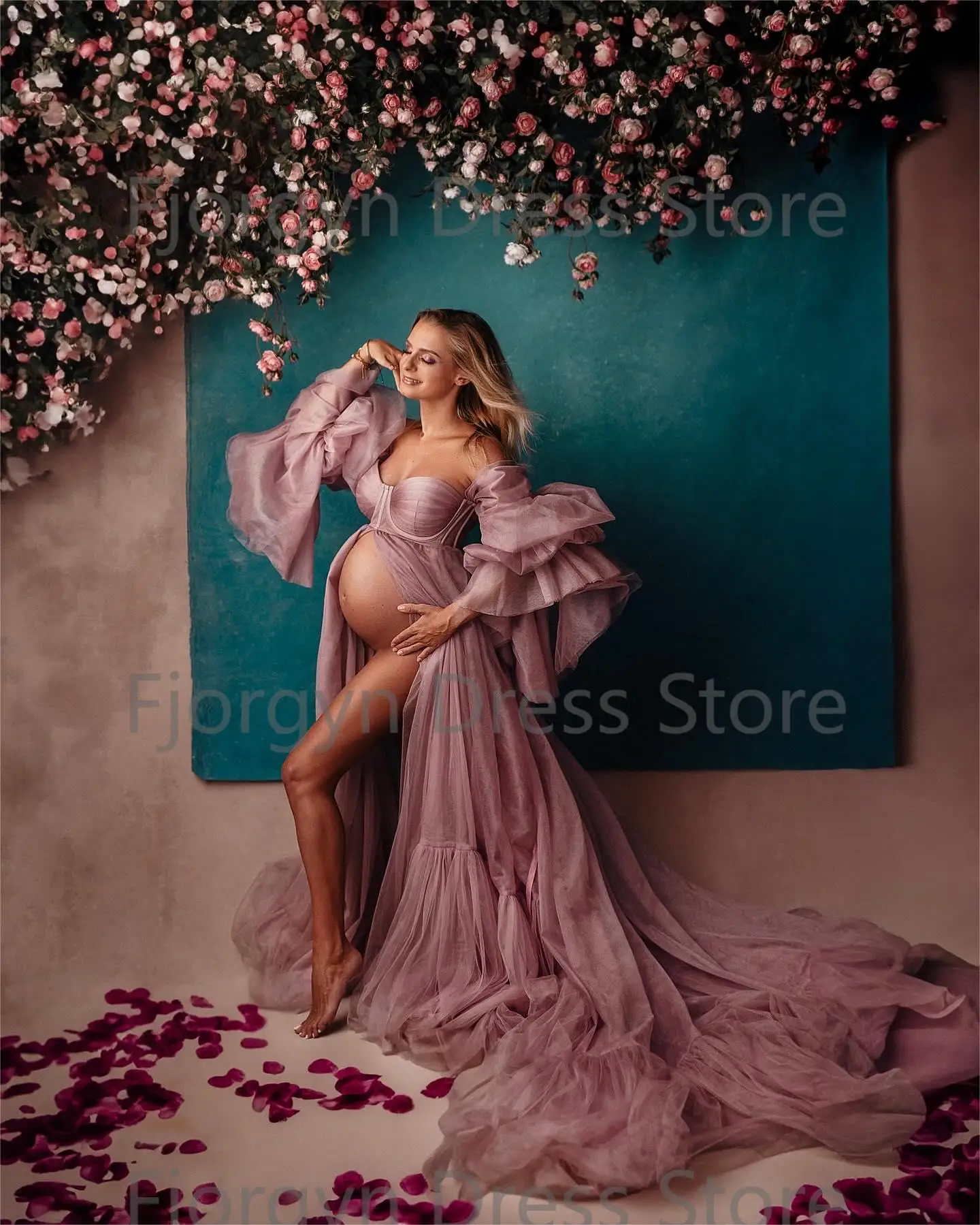 Off Shoulder Soft Ruffled Sleeves Maternity Dresses See Through Tulle Robes for Pregnant Women Photoshoot 2024 New Arrival