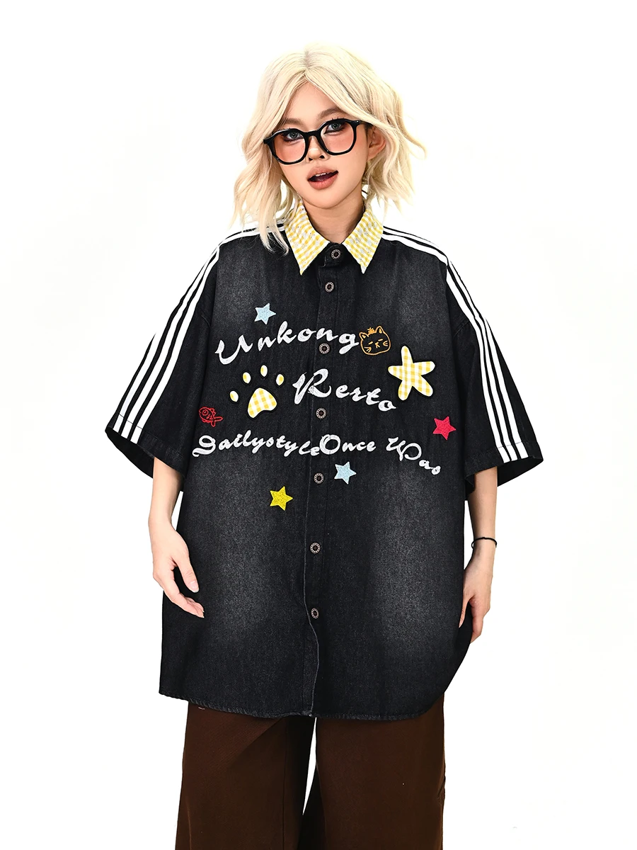 

Summer New Loose Women's Denim ort Sve irt Star Strip American College Sle Top Comfortable Casual Faion