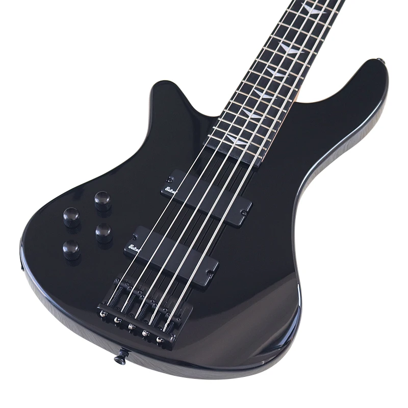 Left Hand 5 String Bass Guitar Black 43 Inch Electric Bass Guitar High Gloss Solid Basswood Body with Canada Maple Neck