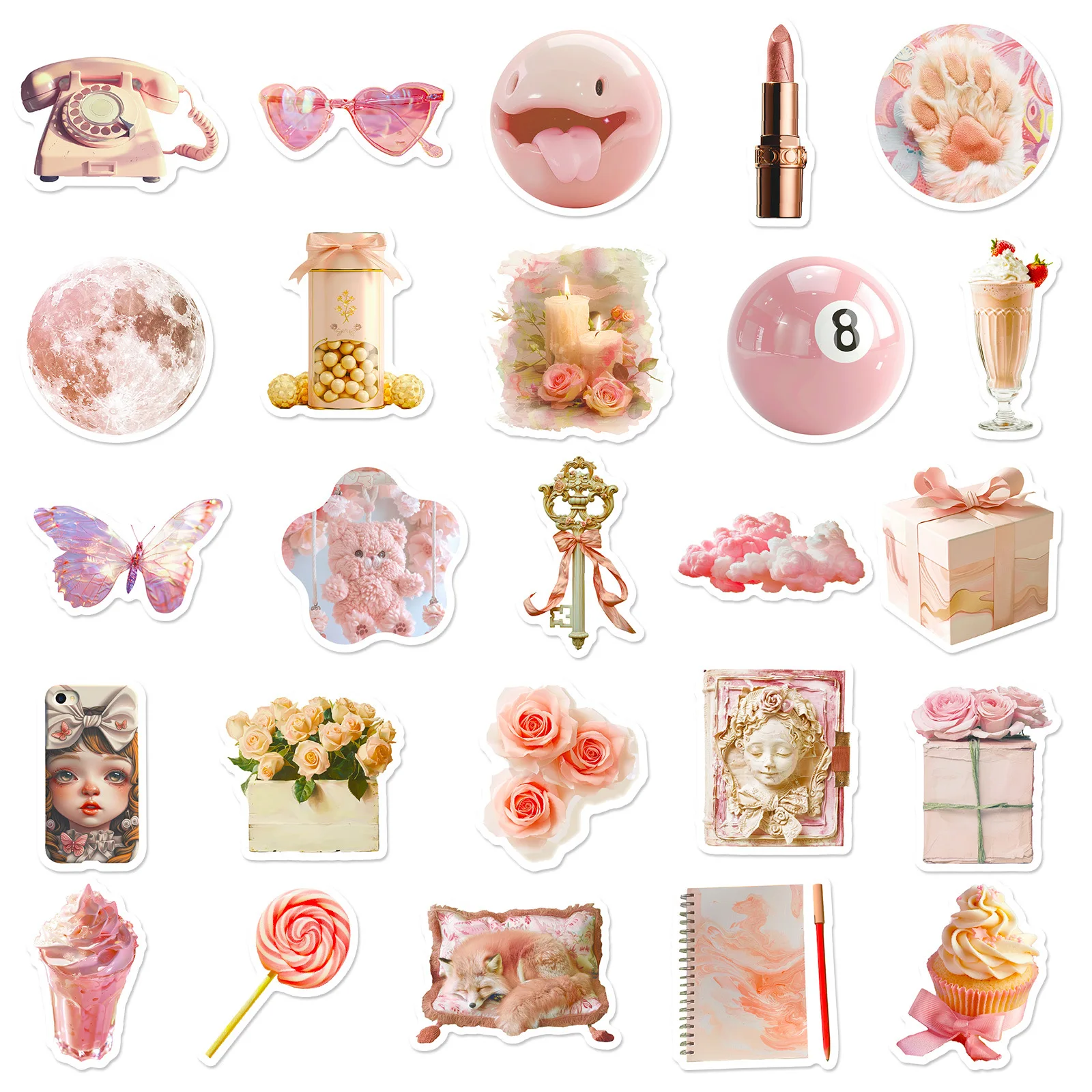 50Pcs Vintage Pink Aesthetic Stickers, Gentle Ballet Style Graffiti Sticker, Valentine Day Stickers for Girl Water Bottles