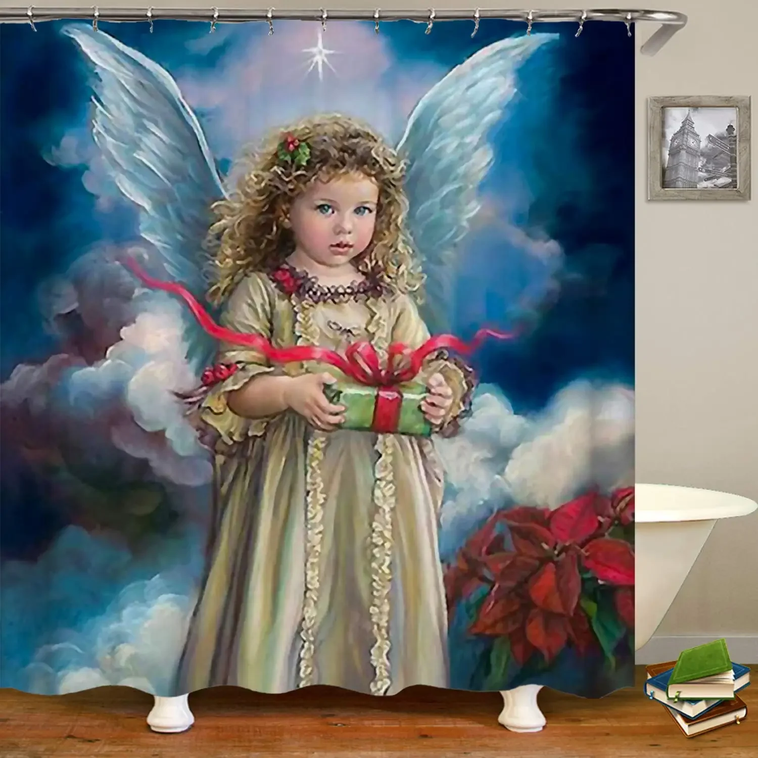 Christmas Angel Girl Giving Gifts Red Flower Shower Curtain