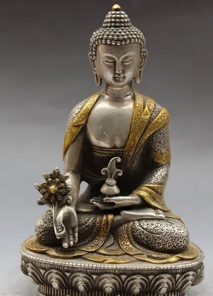 

ZHENG319 006 8" Chinese Buddhism Silver Gilt Carving Seat Sakyamuni Medicine Buddha Statue