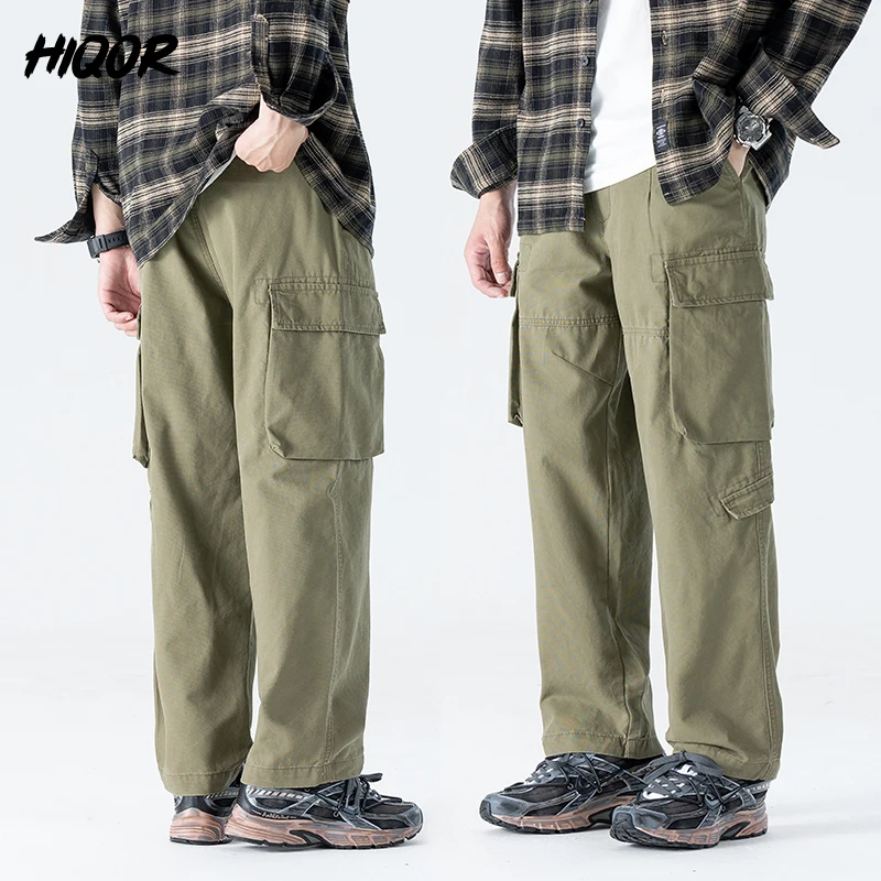 

HIQOR New In Men Workwear Pants Autumn Winter Men Baggy Straight Casual Pants Man Cotton Cargo Pants Outdoor Armygreen Overalls