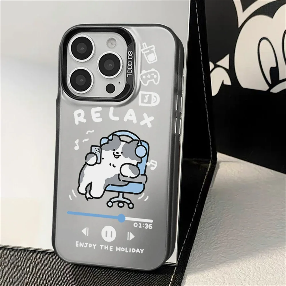 Cute Relax Cat Dog Matching Case for iPhone 14 15 16 Plus 12 13 mini 11 Pro Max XR Scratch-Resistant Hard Matte Cover for Couple