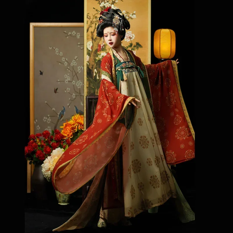 Original Hanfu Tang Dynasty Flower Embroidery Chest length Broken Skirt With Large Sleeve Coat Summer Han Fu 2023 New Female