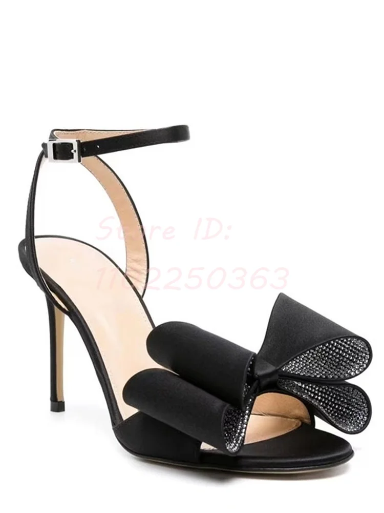 Crystal Butterfly-knot Thin High Heels Sandals Solid Round Toe Back Buckle Straps Stilettos Pumps 2024 Women Sexy Dress Shoes