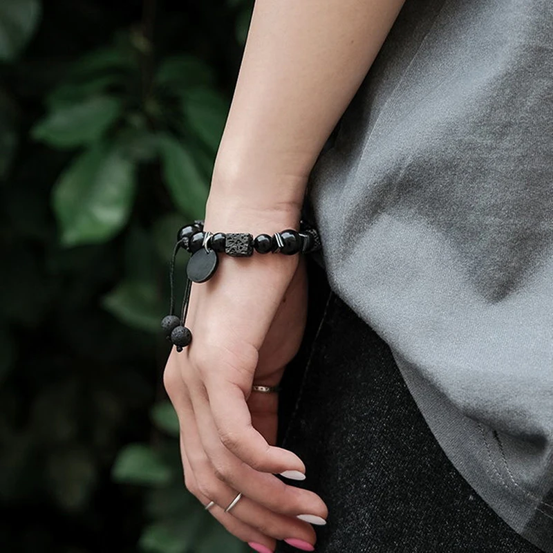 Black Bracelet Lava Square Volcanic Stone Bracelet Men\'s Matte Black Glass Beads Adjustable Bracelet Bracelet Charm Bracelet