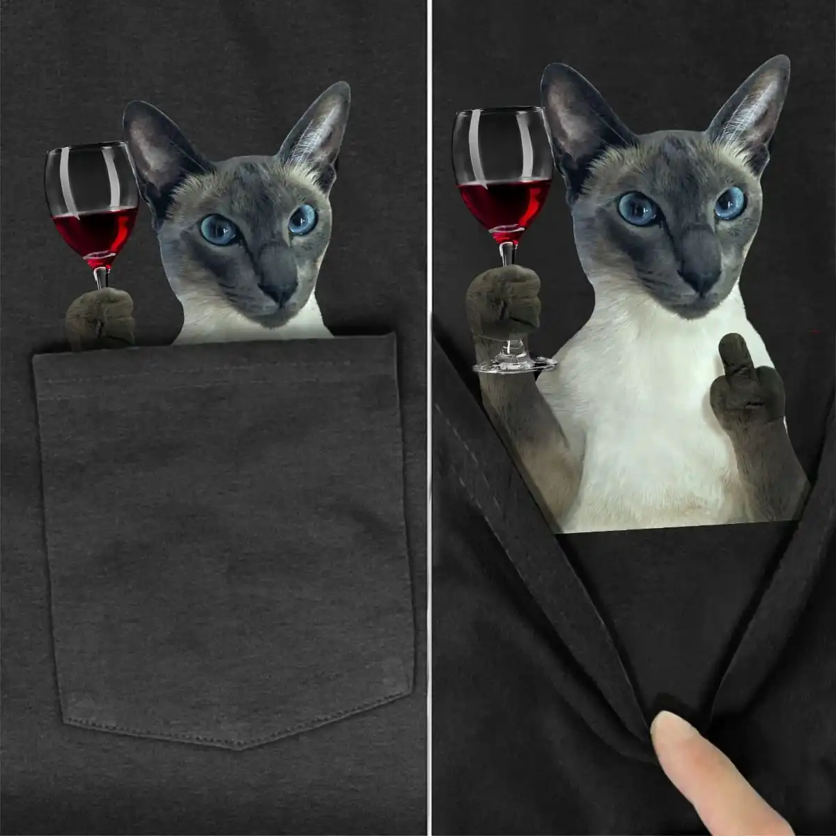 MSIEESO Animals T-Shirts Siamese Cat Red Wine Pocket T-Shirt Mens Women Shirts Hip Hop Tops Funny Cotton Tees Dropshipping