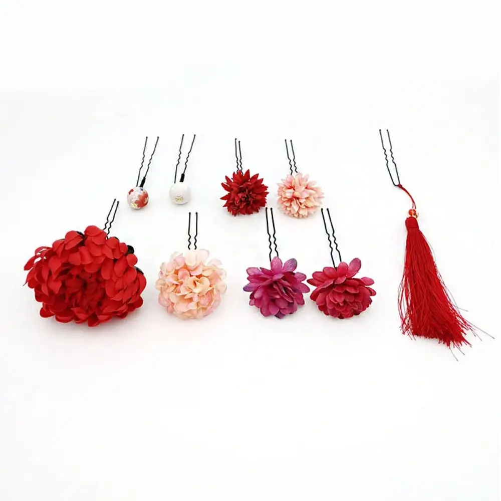 

Vintage Japanese Style Flower Hair Forks Handmade Cloth Japanese Kimono Hair Clips Vintage Flower Tassels Hair Stick Girls