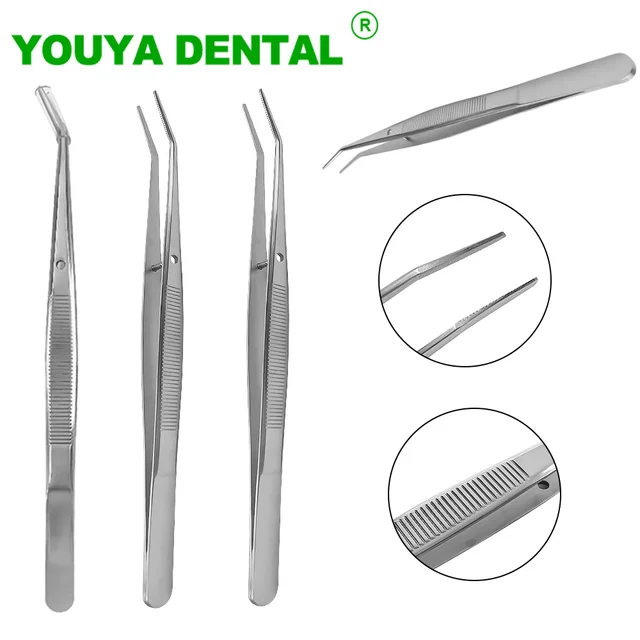 3 szt. Bawełniane pęsety dentystyczne ze stali nierdzewnej chirurgiczne ząbkowane zakrzywione pęsety szczypce kleszcze instrumenty stomatologiczne