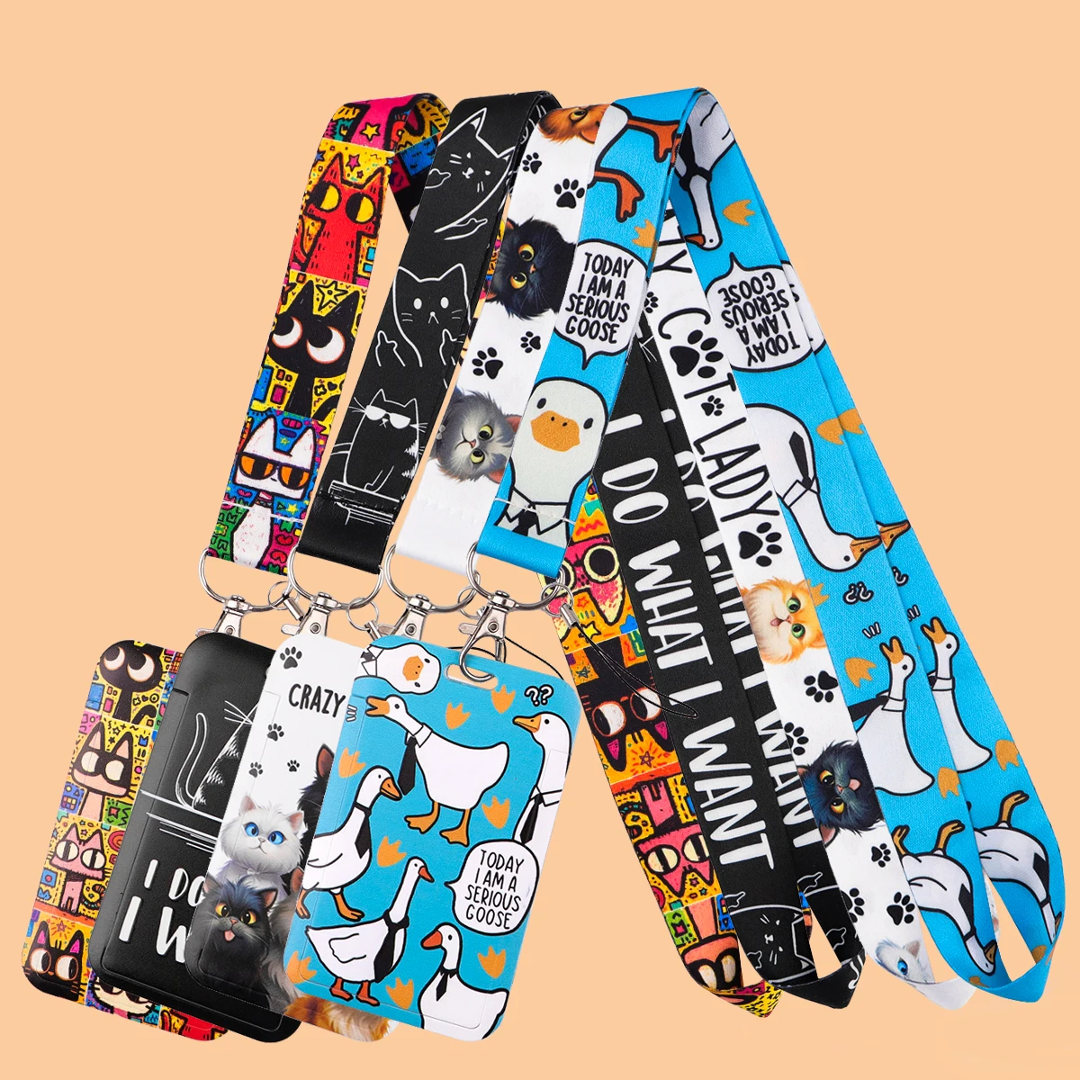 Vintage Art Cat Lanyards For Keychain Humorous Goose Neck Straps ID Card USB Badge Holder Hang Rope Accessories Gifts
