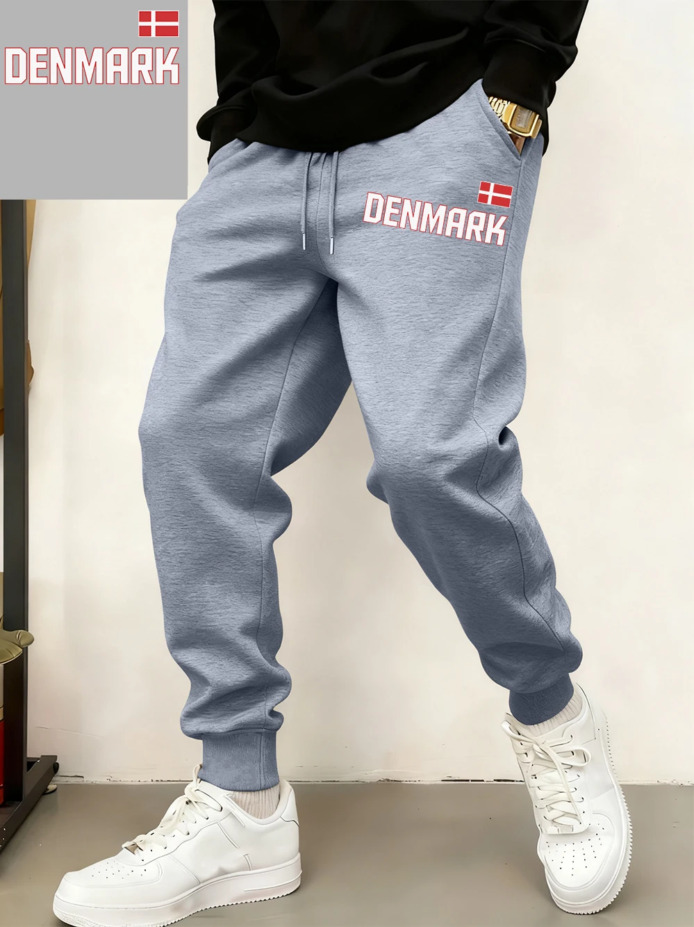 

Denmark Flag Prints Sweatpants Mens Winter Comfortable Trousers Basics Loose Pocket Jogger Pants Casual Fleece Warm Male Clothes