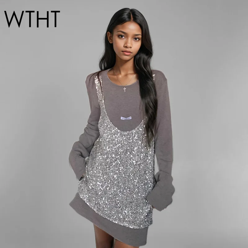 WTHT 2025 Spring New Women's Spliced Sequins Vest Fake Two-piece T-shirt O-neck Long Sleeves Tops Female Fashion 1LS781