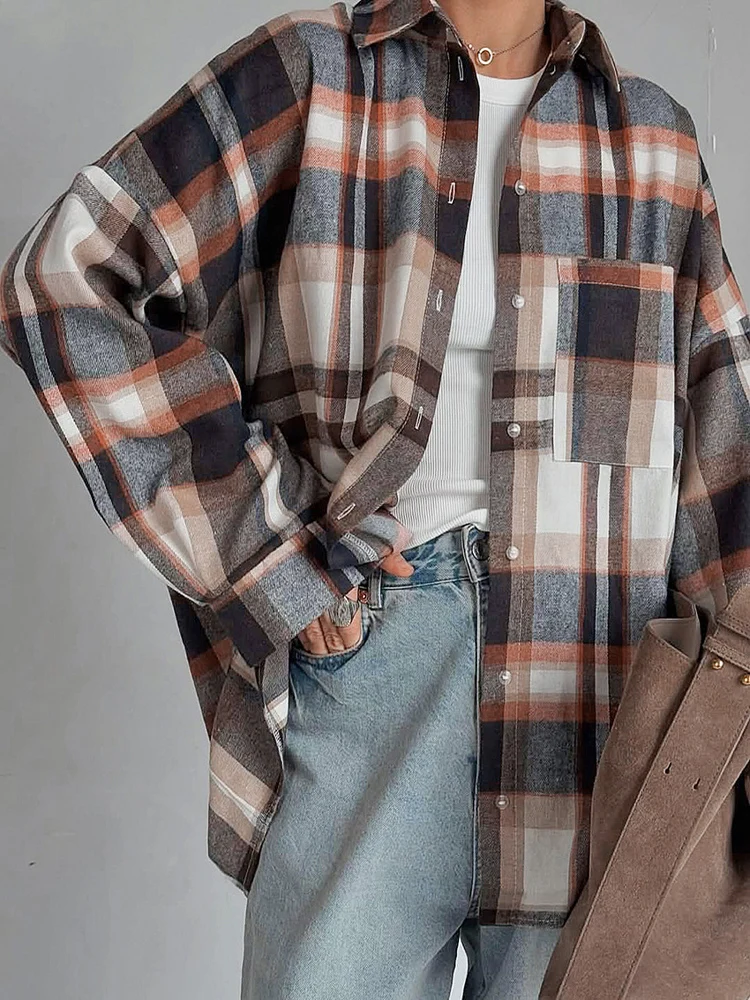 

New Autumn Winter Vintage Pocket Loose Lapel Long-sleeve Women's Plaid Shirt, Female Fashion Casual Streetwear Y2K Clothing