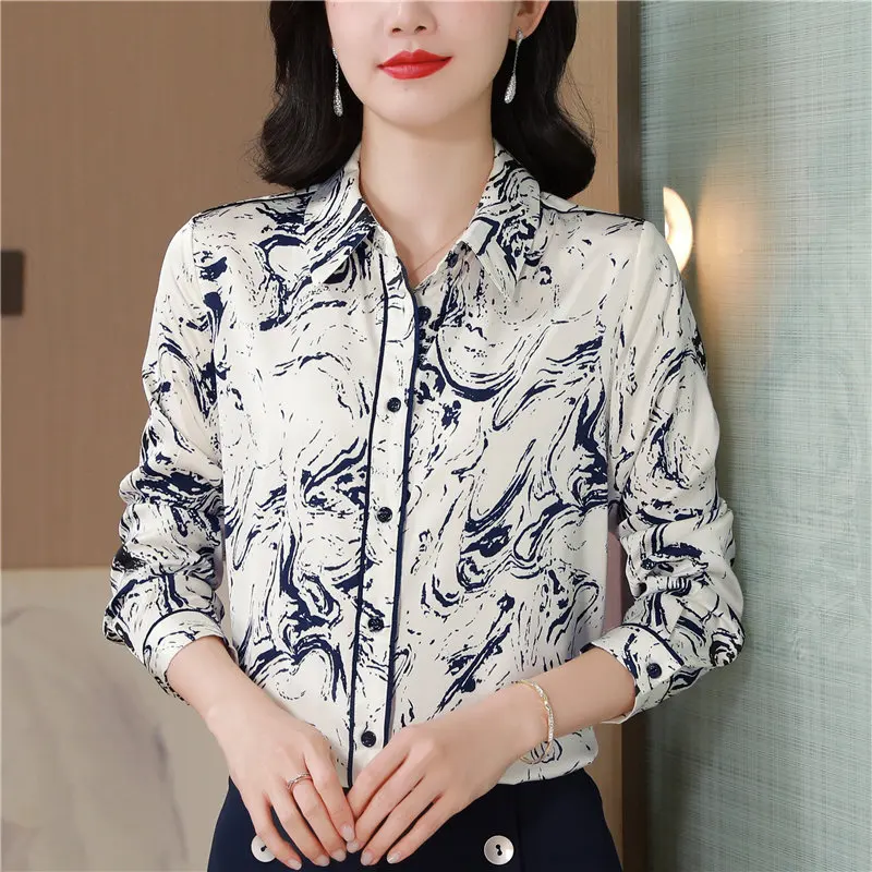 

Clothing Unique WomenSilk Shirt Ink Painting Print Commuter Professional Top Spring New Long