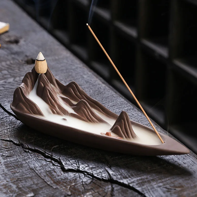 Creative Purple Sand Zen Fisherman Backflow Incense Burner Qianli Jiangshan Waterfall Smoke Censer Desktop Home Decor Ornament