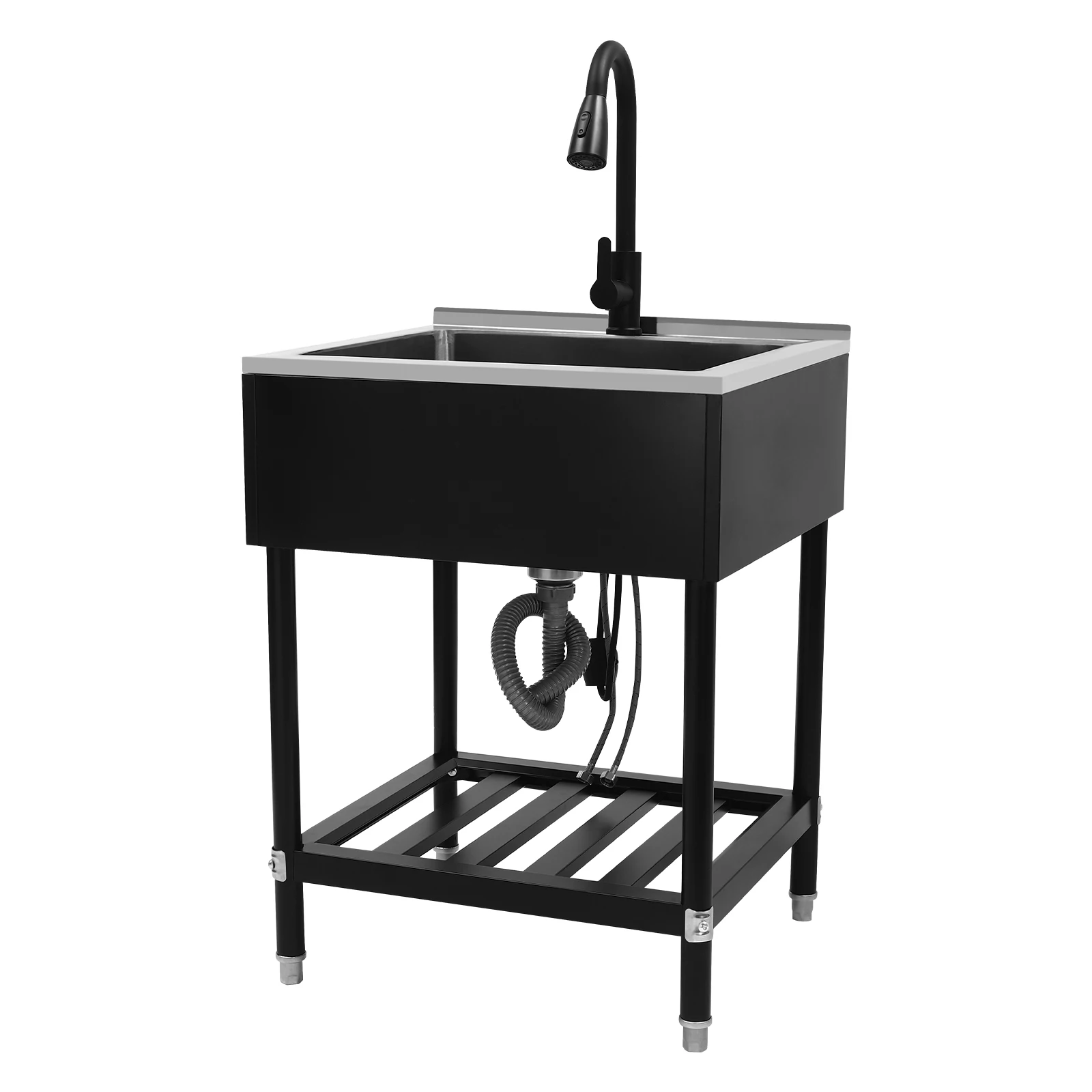 Black&Silver，Durable Kitchen sinks with Pull-Out Faucet, Adjustable Temperature, and Space-Saving Bottom Shelf