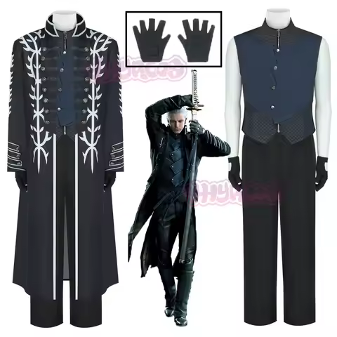 4PCS Hot Game DMC5 Cosplay Vergil Costume Nelo Complete Outfit with Boots Halloween Carnival Men Suit Jacket Vest Costume