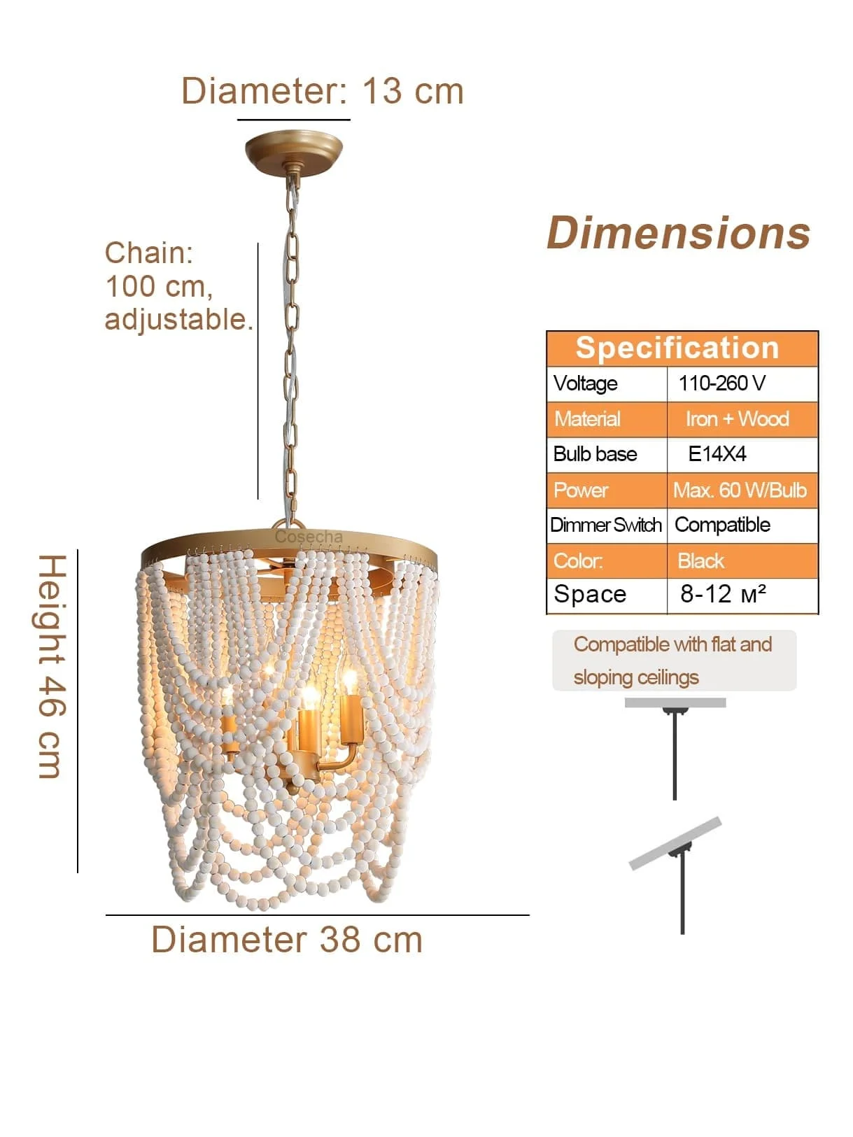 Gold Chandelier Wooden Beaded Lighting Fixture Fringe Hanging Light Kitchen Baby Kids Room Foyer Bedroom Dining Room Wood Lamp