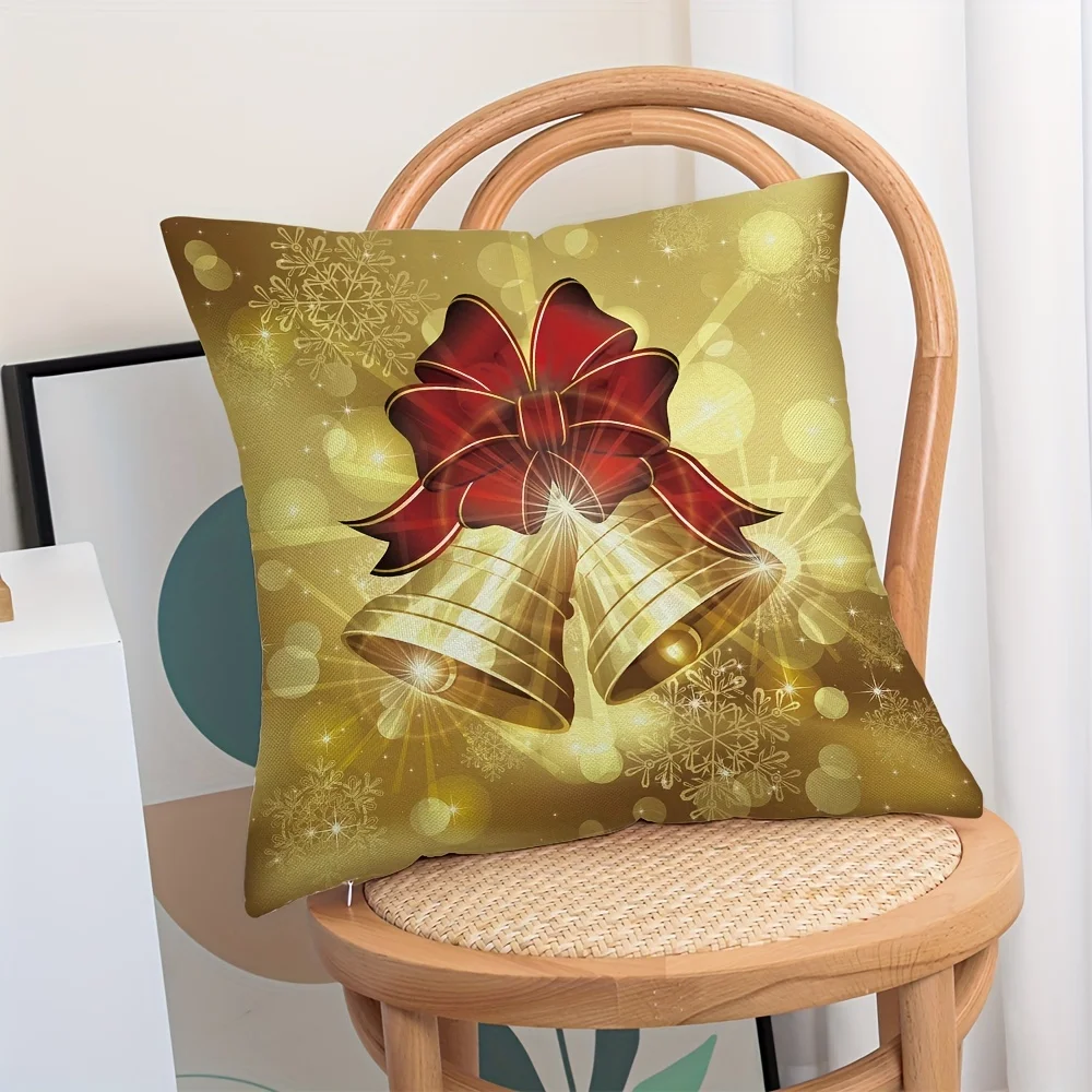 Golden Christmas Bell Santa Socks Print Zipper Cushion Cover Pillow Case 100% Polyester Room Decor Party Halloween Decorations