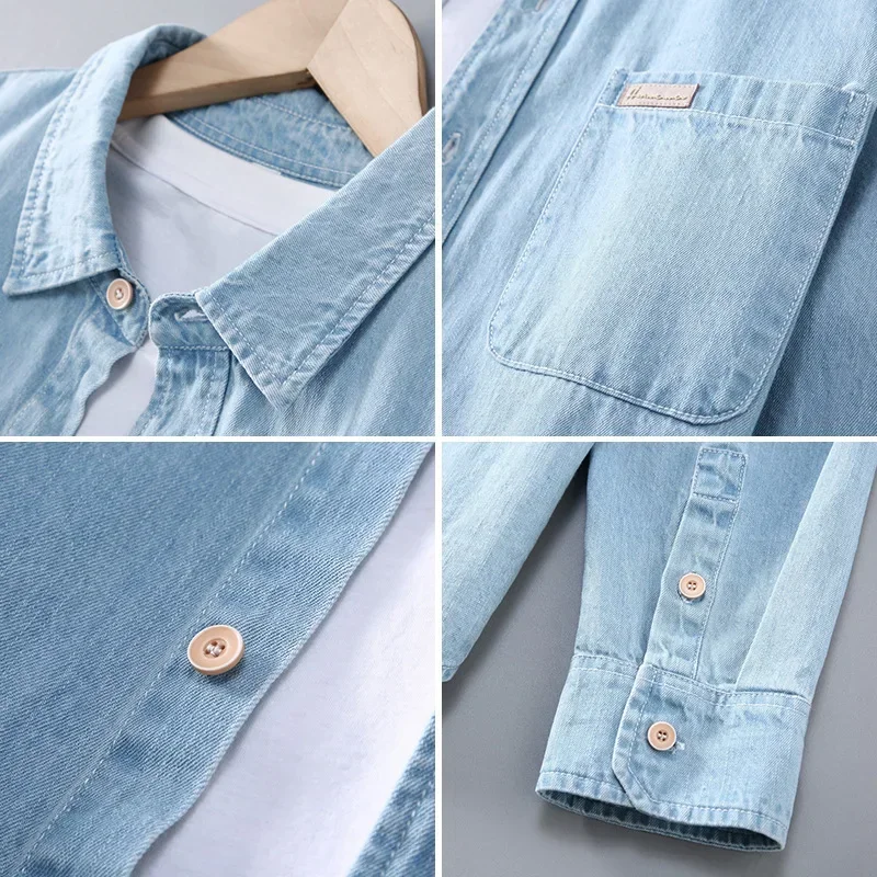 Printemps automne hommes à manches longues Denim chemise décontracté chemises amples carré pur coton Cowboy hauts japonais rétro lavé Jean chemises