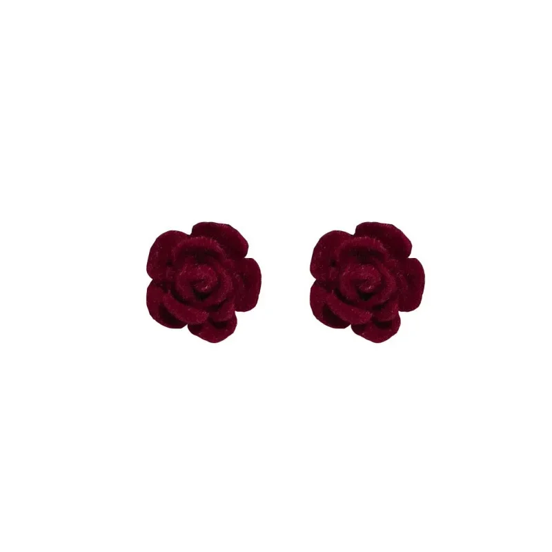 New Retro Flocked Rose Earrings, Artistic French Burgundy with A Luxurious Feel for Women\'s Jewelry