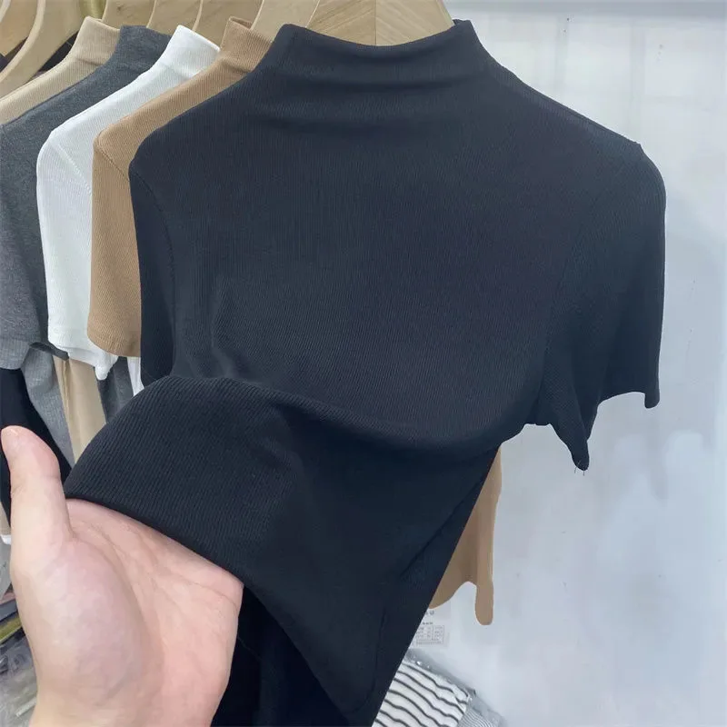 Threaded Short Sleeves Women T-shirts Summer New 2023 Turtleneck Solid Slim Elastic Long-sleeved Female Buttoming Pulls Top Tees