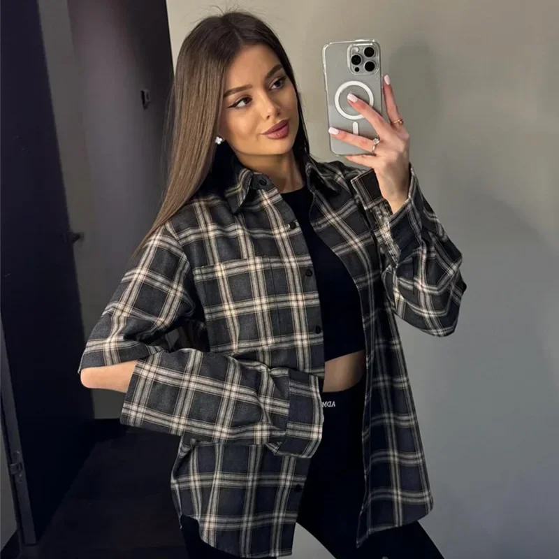 

NICE Summer New Fashion Women's Loose Long Sleeve Shirt Casual Hollow Out Polo Collar Plaid Top Cross-Border Long Sleeve Shirt
