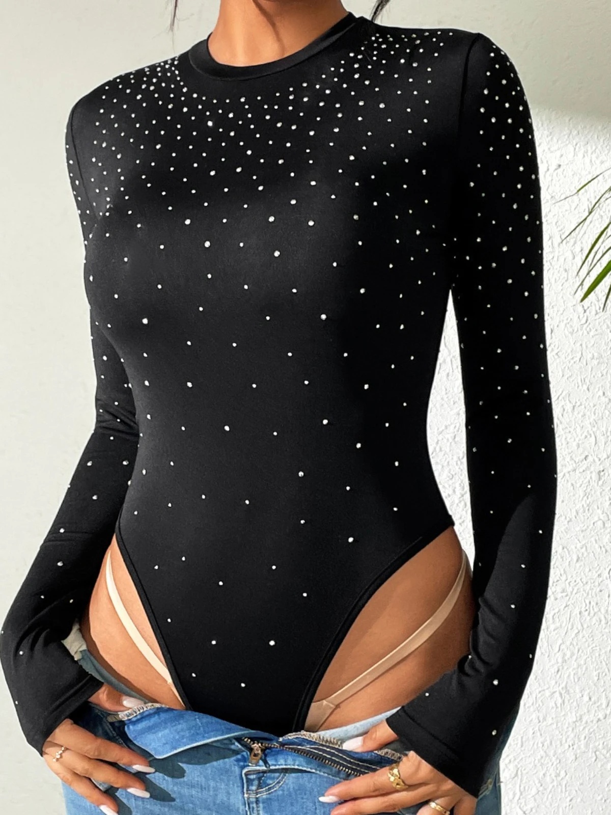 SsTss-Body Sexy con diamantes de imitación para mujer, Body ajustado de manga larga con cuello redondo, Top liso informal básico, ropa de calle