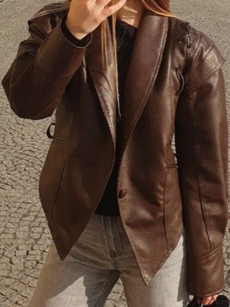 Vintage Women's Leather Jacket With Belt Slim Lace Up Lapel Long Sleeve Locomotive Coat 2025 Autumn Lady High Street Y2k Outwear