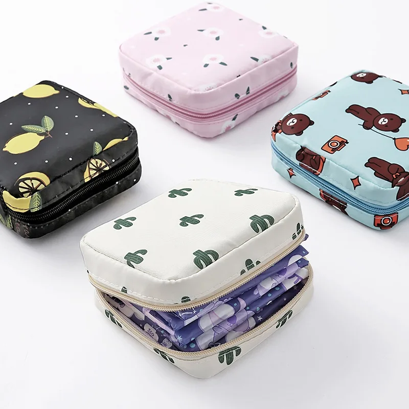 Korean Ins Cartoon Girl Portable Cosmetic Small Square Bag Outdoor Sanitary Napkin Pad Lipstick Coin Storage Bag Mini Makeup Bag