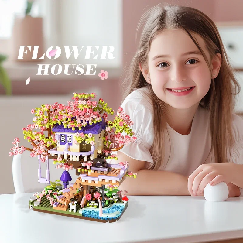 MINI SAKURA Tree House Building Blocks Cherry Blossom ดอกไม้บ้านไม้ DIY ASSEMBLY อิฐของขวัญโรแมนติกสําหรับตกแต่งบ้านหญิง