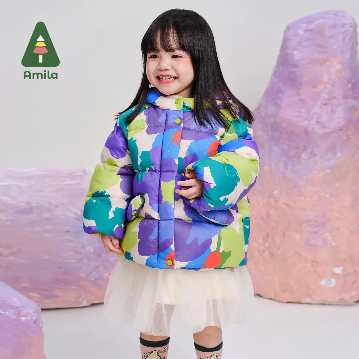 Amila Baby Down Jacket 2024 Winter New High Quality Girls Hooded Graffiti White Duck Down Warm Loose Casual Children‘s Jacket