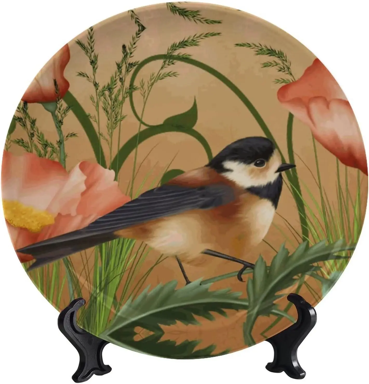 Flowers and Birds Ceramic Decorative Plate, 10 Inch, Sparrow on Flower Stem Round Decorative Plate with Vertical Stand for Table