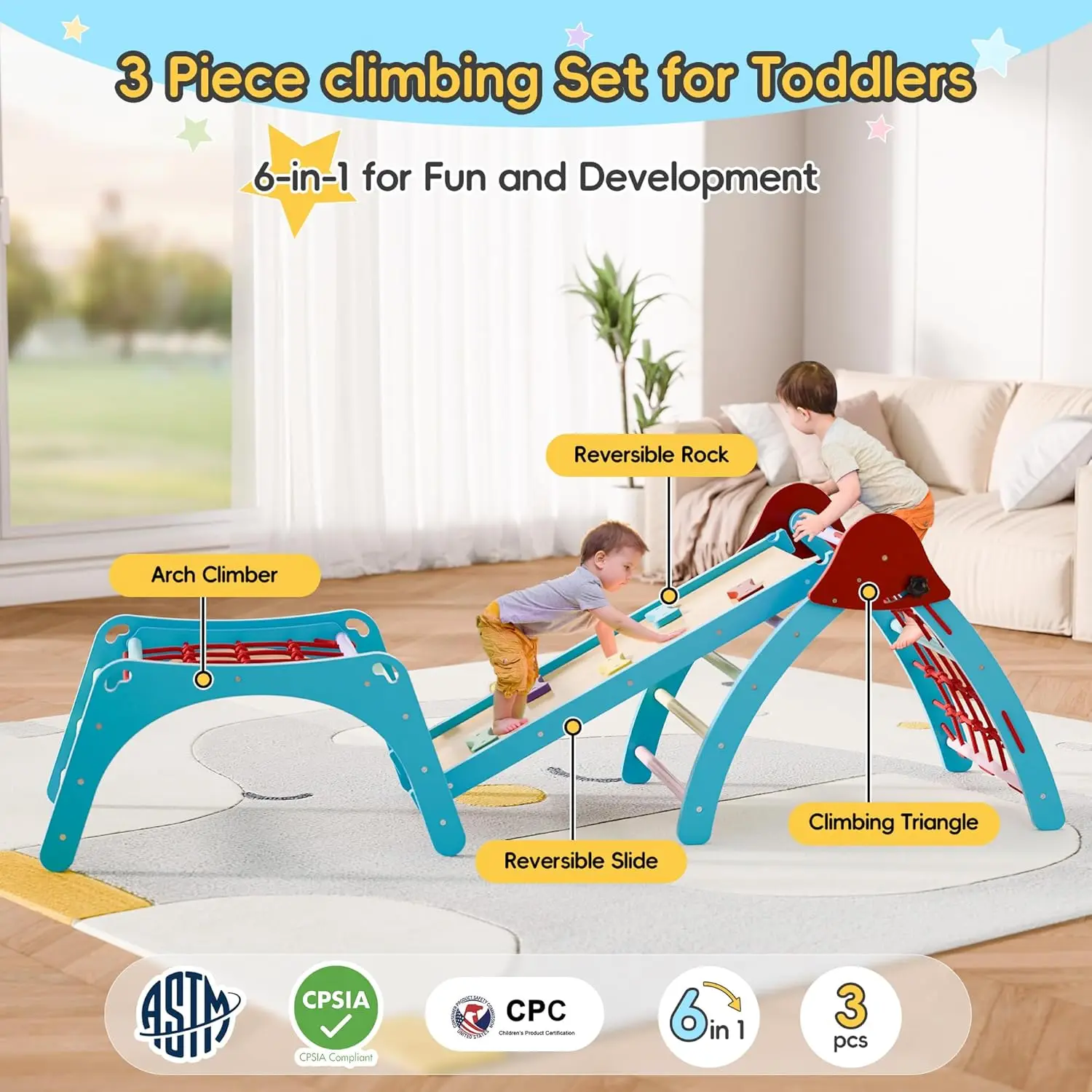 Pikler Triangular Set, Foldable Wooden Pickler Climbing Set, Indoor Playground Jungle Gym, 6 in 1 Pikler Triangle Climbing Set f