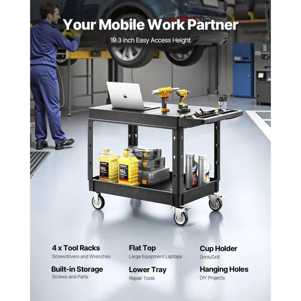 Carrinho utilitário resistente de 2 prateleiras Carrinho de serviço resistente de 550 libras com rodas Carrinho de rolamento multiuso de 37 x 25,4 polegadas