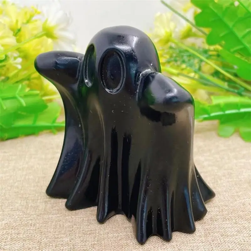 Natural Black Obsidian Halloween Ghost Carving Obsidian Mineral Goddess Statue Crystal Figurines Decor Crafts For Gifts 1PCS