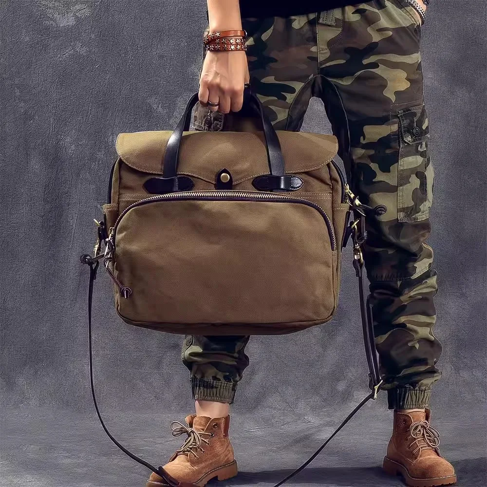 Top thick oil wax canvas men\'s single shoulder slung tote bag Business vintage briefcase travel work handbag 15 inch messenger