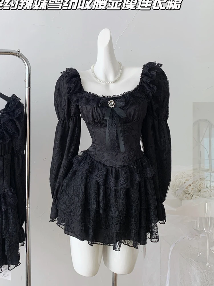 Women Shoujo Girl Long Sleeve Chiffon Dress Mini Frocks Square Collar One-Piece 2000s Gyaru Coquette Dark Academia Gothic Lace