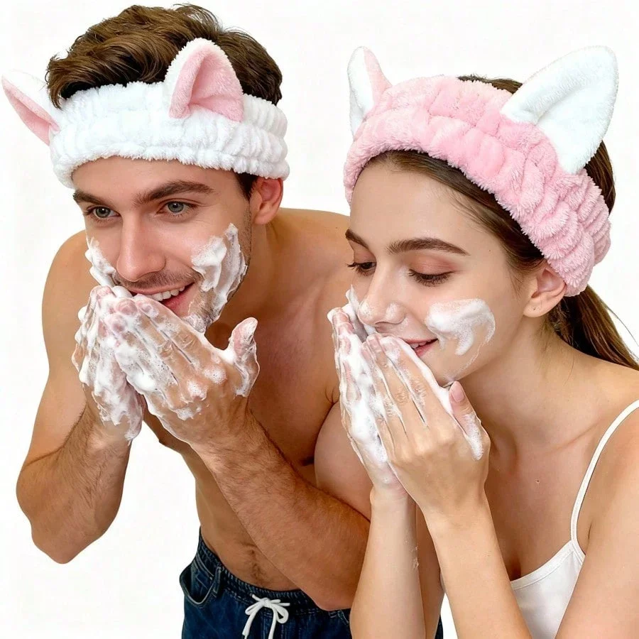 

Милая повязка на голову с кошачьими ушками для умывания, плюшевая повязка для волос, унисекс, для взрослых