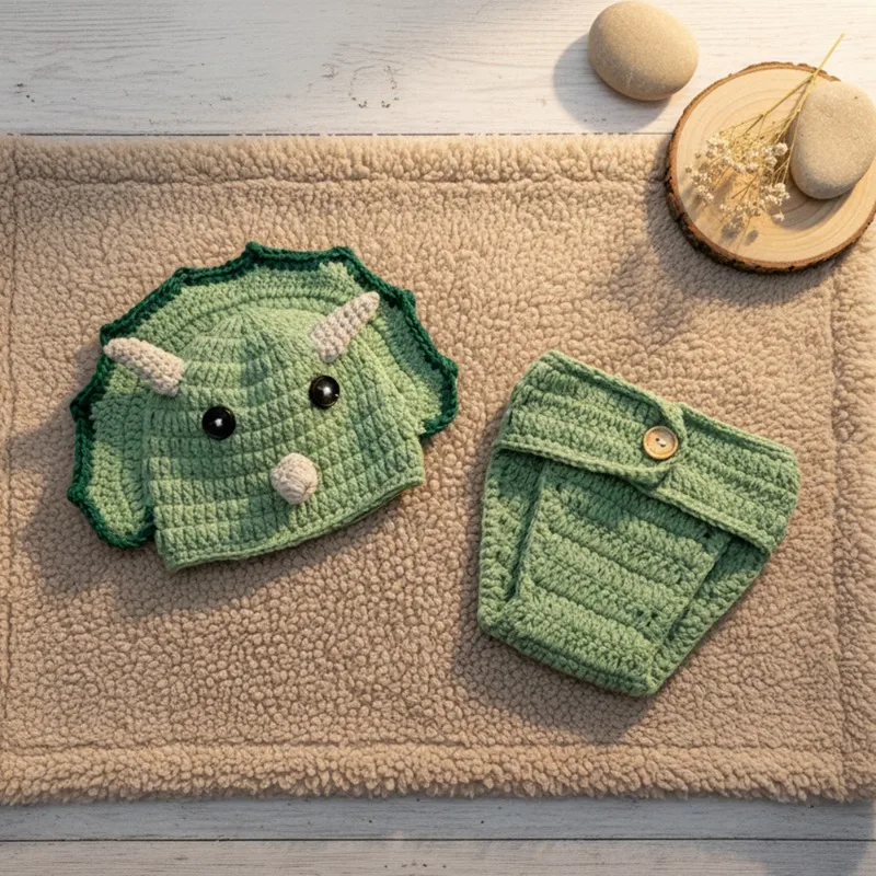 Accesorios de fotografía recién nacido de dinosaurio de ganchillo, conjunto de pantalones cortos y gorro tejido para bebé, disfraz de Animal infantil, trajes de estudio para sesión de fotos, 2 uds.
