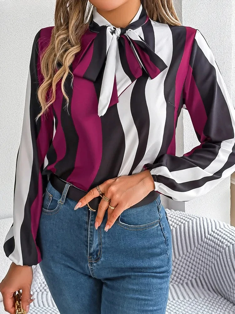 

Female Lantern Long Sleeve Chiffon Shirt Women Casual Stripe Print Top Spring Office Lady Patchwork Tops Clothes
