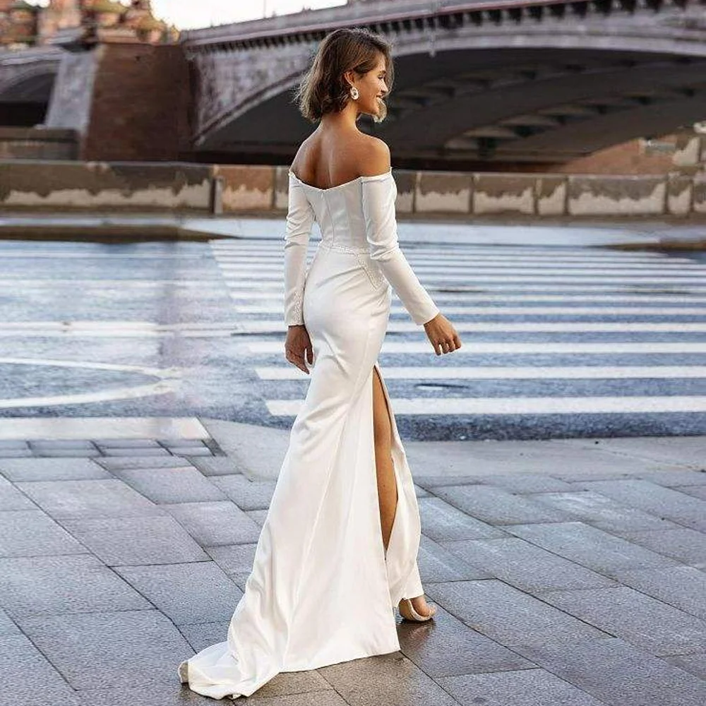 Простое свадебное платье для свадьбы с открытыми плечами и длинными рукавами, свадебное платье с разрезом спереди и скользящим шлейфом, летнее платье русалки