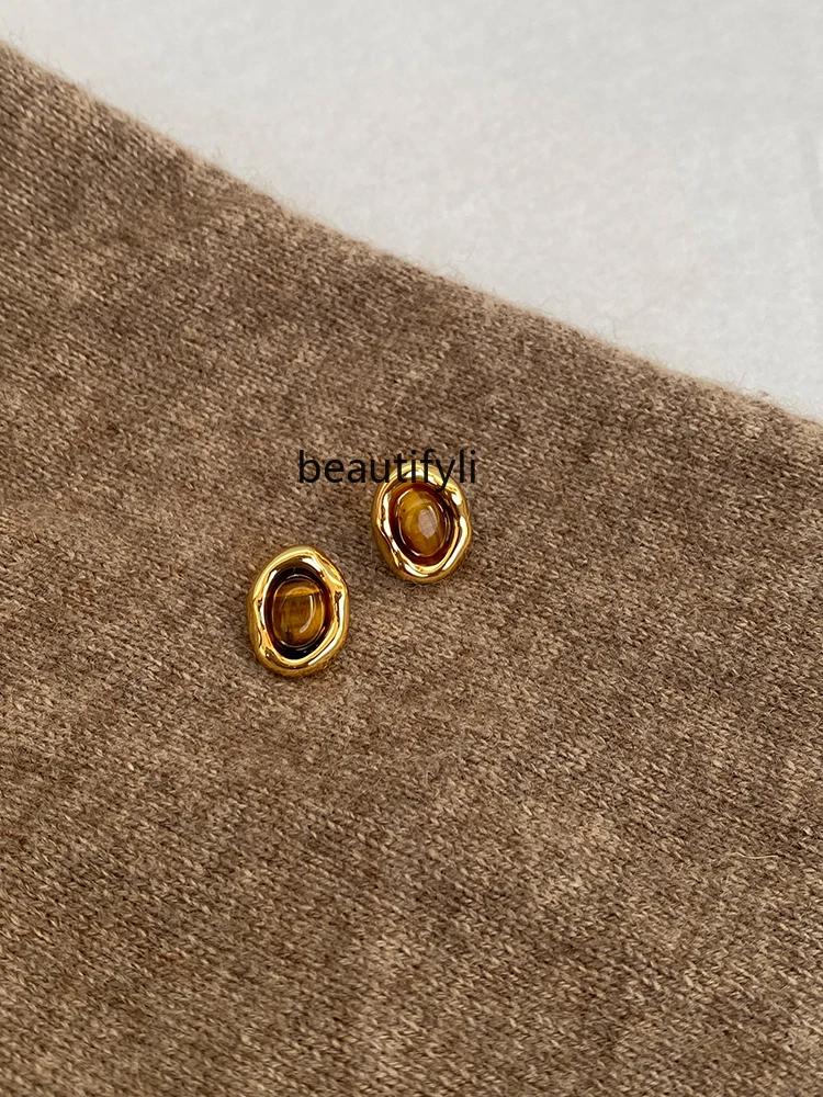 

Caramel Chestnut 925 Silver Needle Maillard Geometric Ear Studs Atmosphere Vintage Earrings Earrings