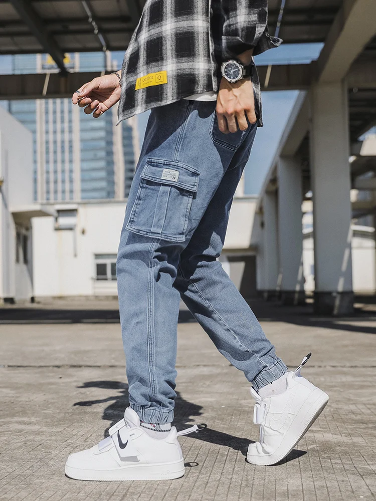 Spring Autumn Men's Jeans Multi-Pockets Work Wear Cargo Pants Black Blue Elastic Waist Denim Joggers Big Size Jean Trousers 8XL