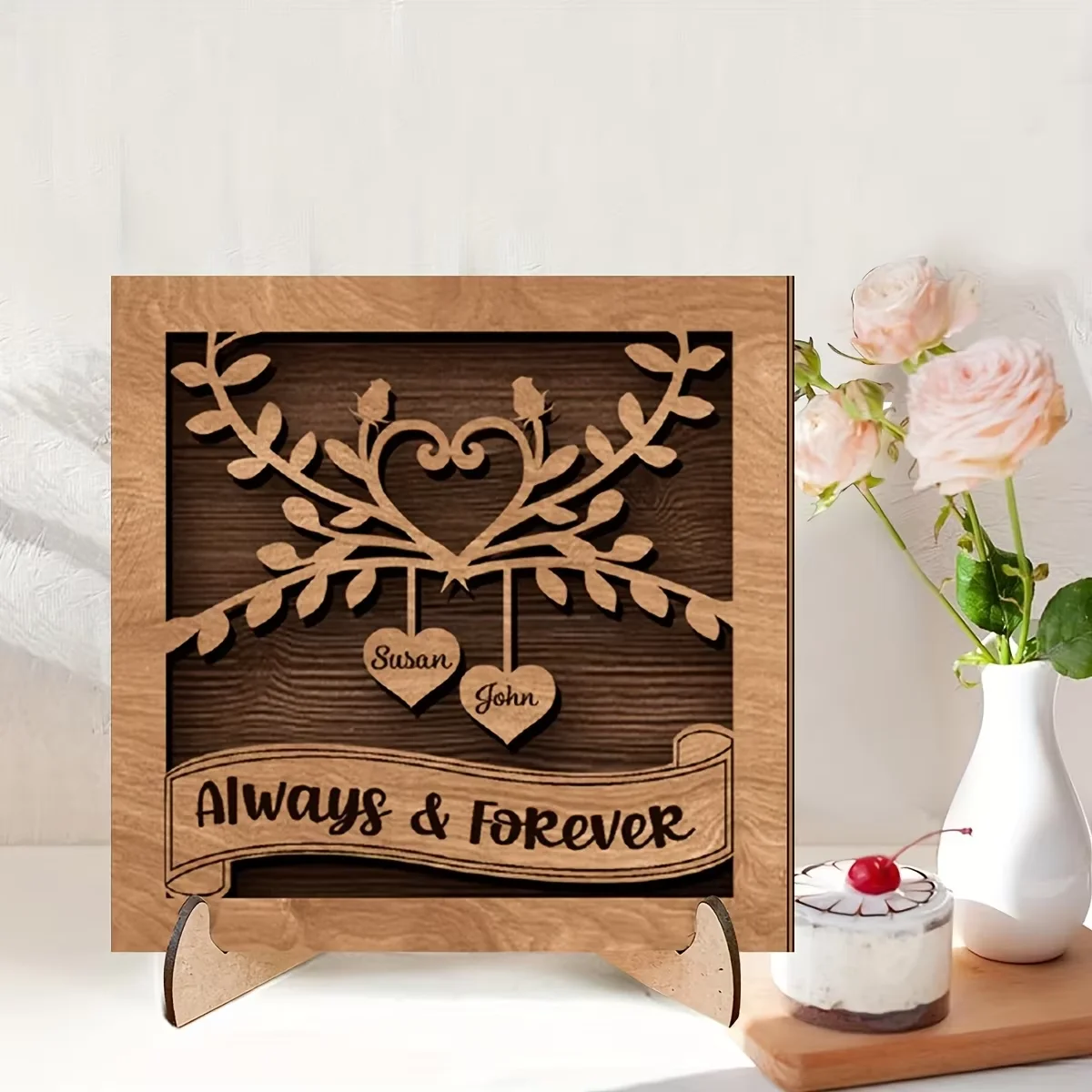 1 Stück/Set Braune 'Liebe für Immer' Quadratische Lebensbaum-Tischdekoration, Geeignet für Wohnzimmer, Arbeitszimmer, Schlafzimmer, Dekorative Plakette